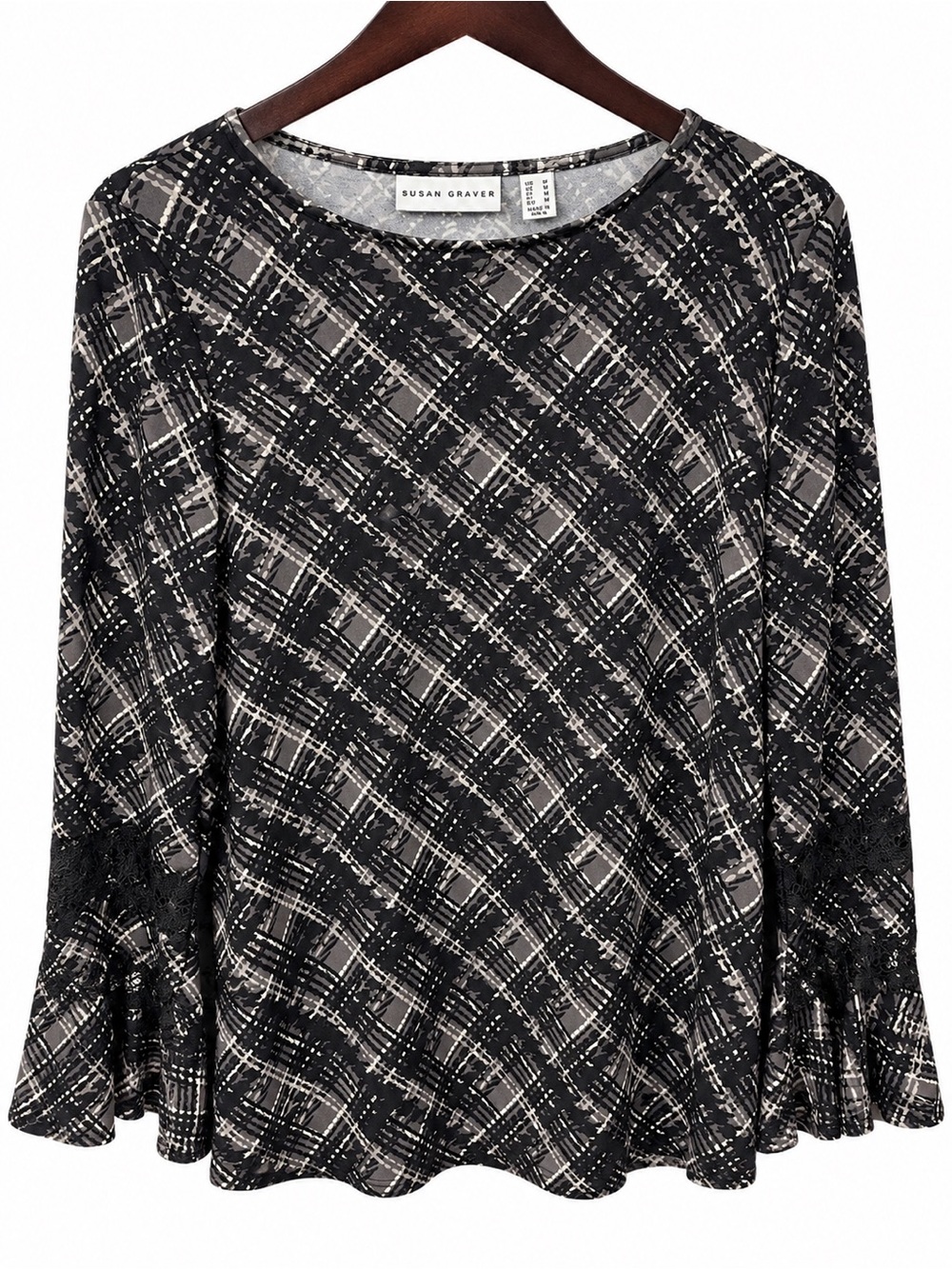 Susan Graver Black and Gray Plaid Bell-Sleeve Knit Top